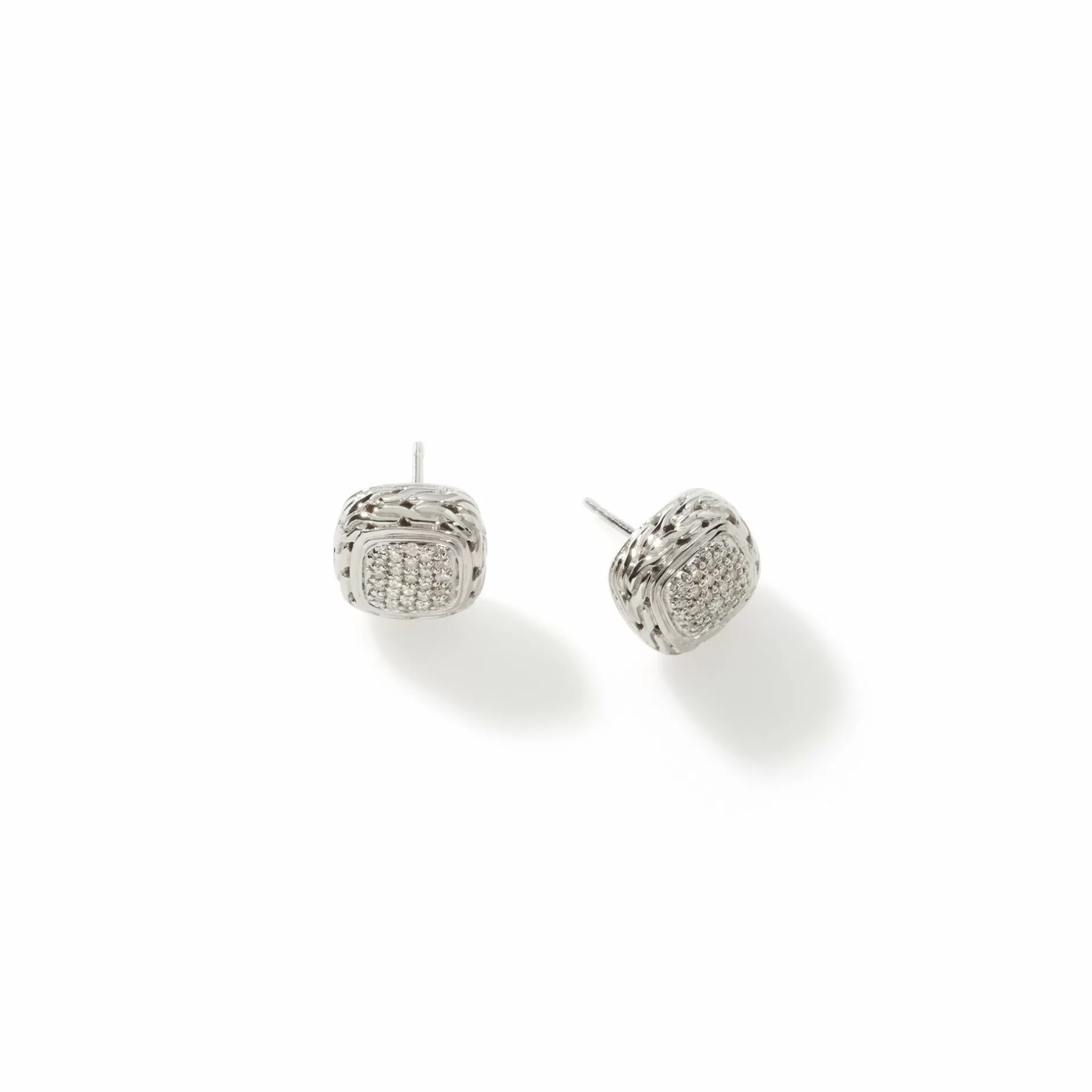 Carved Chain Stud Earring, Silver, Diamonds^John Hardy Clearance